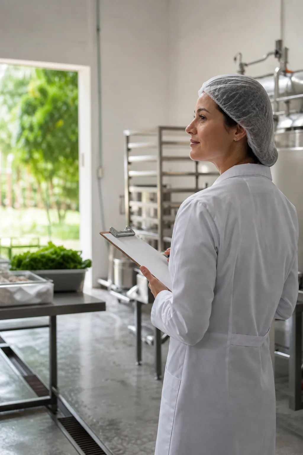 Profissional avaliando uma operação de produção de alimentos